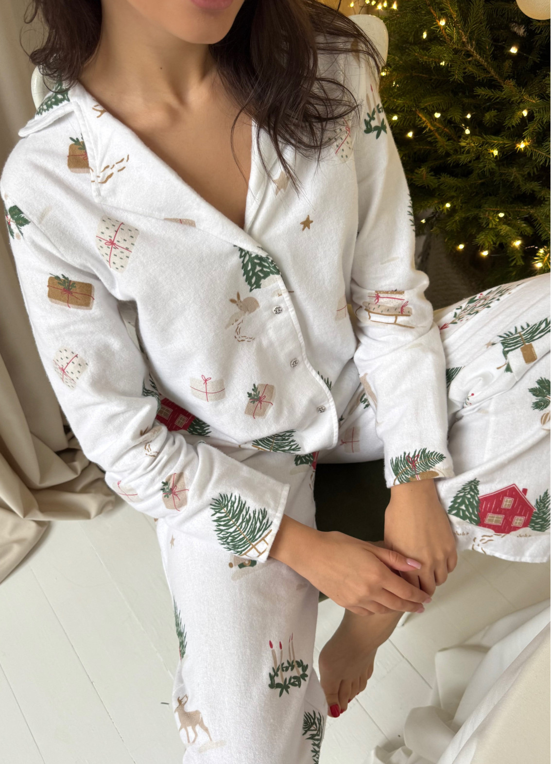 Damen-Baumwollpyjama für Neujahr, bestehend aus Hemd und Hose, weißArtikel: 00-00005122-k4