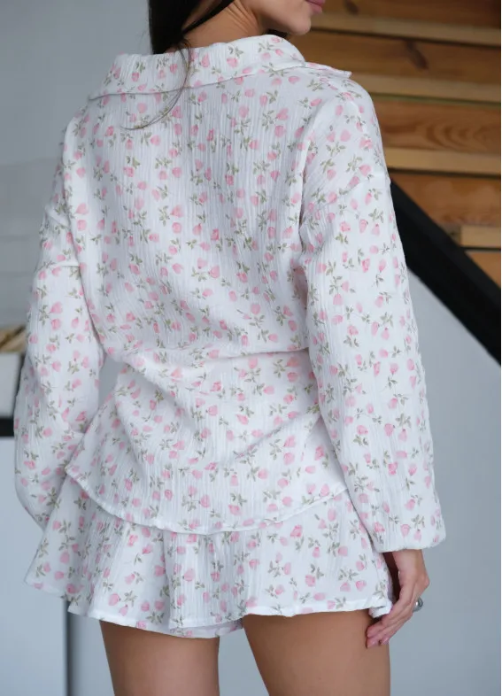 Muślinowa piżama w kwiaty Rose, biały00-00004893-k